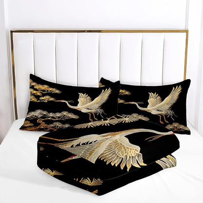 Japanese Style Comforter Set Queen Size Black Gold Pine and Crane Bedding Set 3D Vintage Chinoiserie Printing Bedding White Golden Bird Tree Comforter Ultra Soft Lightweight Microfiber