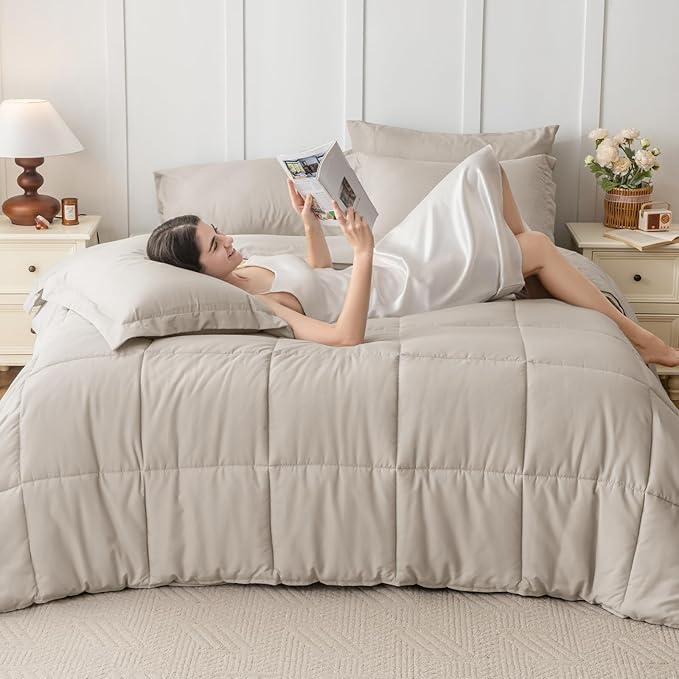 JOLLYVOGUE Full Comforter Set, Ultra-Soft Bed in a Bag Full Size 7 Pieces, Oeko-TEX Certified Bedding Set with Down Alternative Comforter, Sheets, Pillowcases & Shams, Oatmeal