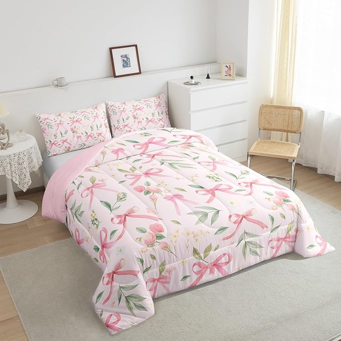 Feelyou Kawaii Bow Bedding Set Boys Girls Queen Size Pink Girls Bow Comforter Set for Kids Women Men Ultra Soft Cute Bowknot Duvet Quilt Floral Flower Room Decor