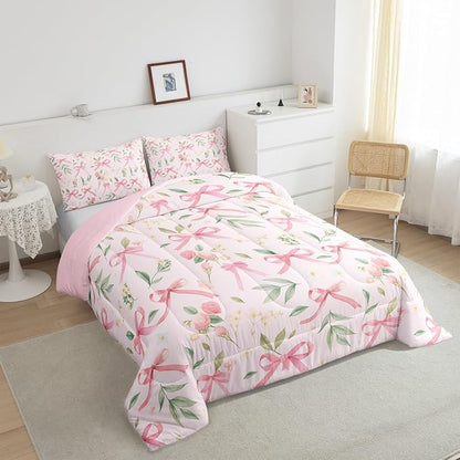 Feelyou Bow Bedding Set for Boys Girls Toddler Size Pink Comforter Set Kids Women Men Ultra Soft Cute Bowknot Floral Flower Duvet Quilt Set Room Decor Kawaii