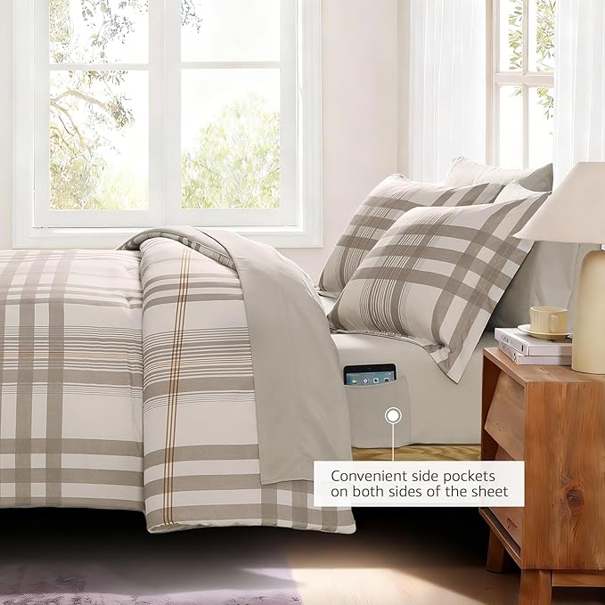 MaiRêve Queen Comforter Set Brown Grey, Classic Plaid Farmhouse Bedding Sets 7 Pieces, All Season Lightweight Bed in a Bag with Sheets, Pillowcases & Shams