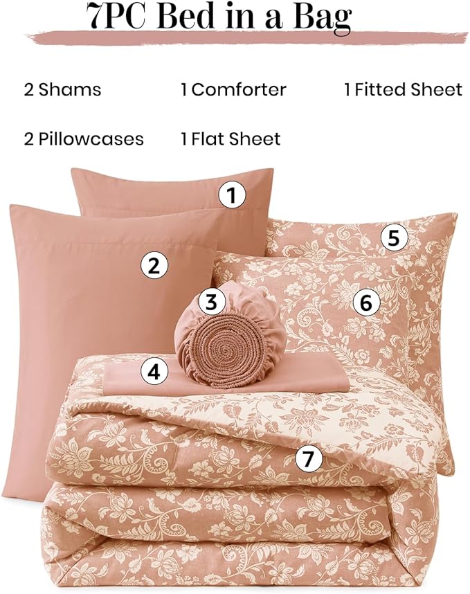 Full Comforter Set -7 Pieces Clay Pink Floral Comforter Set for All Seasons, Bed in a Bag Full with Botanical Flowers Comforter, Sheets, Pillowcases & Shams