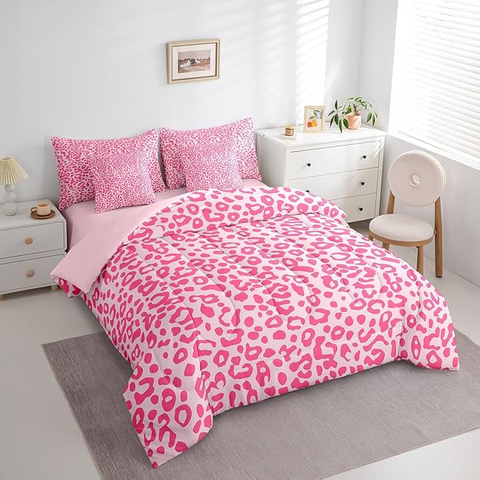 Feelyou Cute Leopard Bedding Set for All Season Cheetah 7 Pieces Comforter Sets Full Size Teens Room Decor Pink Animal Print Bed in a Bag with Comforter, Sheets, Pillowcases & Cushion Cover