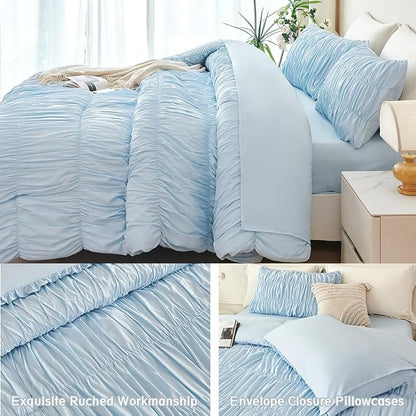 PERFEMET Twin Size Bed in a Bag Light Blue 5 Pieces Fluffy Boho Ruched Comforter with Sheets Luxury Soft Pleated Texture Bedding Comforter Set All Season Lightweight Vintage Ruffle Bed Sets, 68"x90"