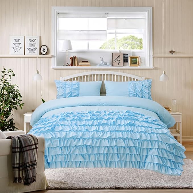Holawakaka Light Blue Waterfall Ruffle Comforter Set, Full Size Shabby Chic Ruffled Bedding Set for Girls Women, Kids Teens Ruched Dorm Bed Set 3 Pieces