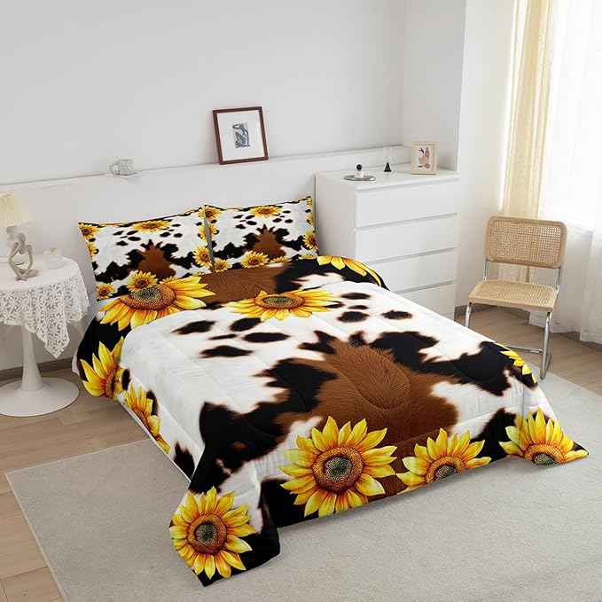 Erosebridal Cow Print Comforter Set for Kids Boys Girls,White Brown Black Cowhide Sunflower Bedding Set,Yellow Highland Fur Duvet Insert,Farmhouse Western Animal Down with 2 Pillowcases,King
