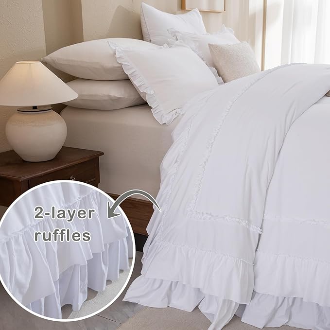 Sanracie California King Comforter Set 128" x 120", Cotton White Soft Breathable 3Pcs Bedding Sets Farmhouse French Country Shabby Vintage Ruffled Bedding Comforter Sets for All Season