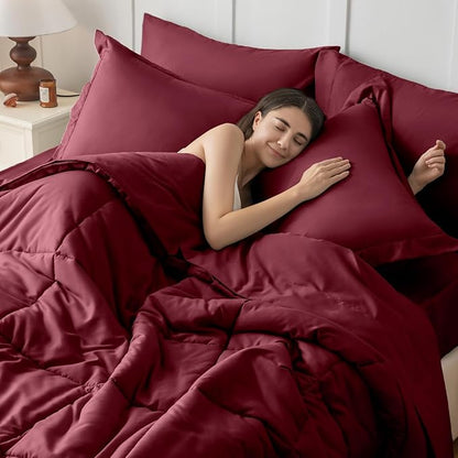 JOLLYVOGUE Queen Comforter Set, Ultra-Soft Bed in a Bag Queen Size 7 Pieces, Oeko-TEX Certified Bedding Set with Down Alternative Comforter, Sheets, Pillowcases & Shams, Burgundy