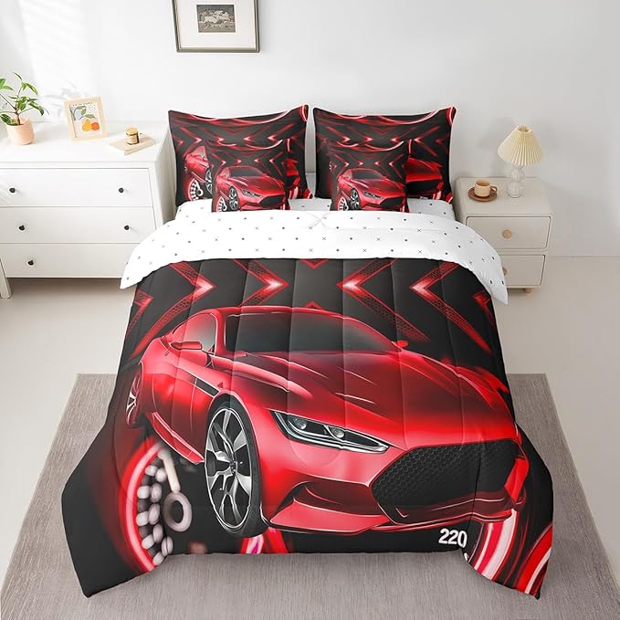 Erosebridal Red Racing Car 7 Piece Comforter Set,Sports Car Theme Bed in a Bag with Flat Sheet and Fitted Sheet,Extreme Sport Down Comforter,Speed Automobile Bedding Set with Pillowcase & Sham,Twin