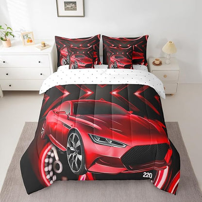Erosebridal Red Racing Car 7 Piece Comforter Set,Sports Car Theme Bed in a Bag with Flat Sheet and Fitted Sheet,Extreme Sport Down Comforter,Speed Automobile Bedding Set with Pillowcase & Sham,Twin