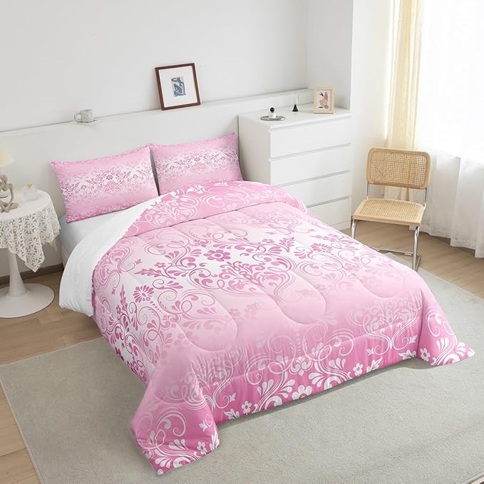 Feelyou Adults Pink Vintage Damask Floral Comforter Set Oriental Antique Comforter Full Size Gothic Bohemia Boho Flower Bedding Set Bohemian Exotic Duvet Set Quilt Set 3Pcs