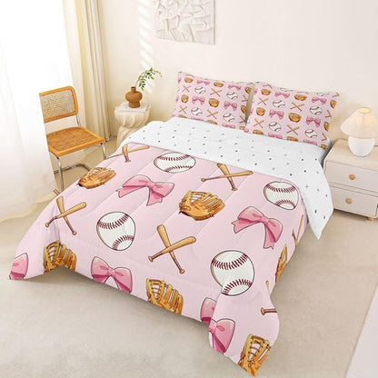 Castle Fairy Bow Baseball Comforter Set King Size,Baseball Bat Gloves Bedding Sets 3Pcs for Kids Girls Boys Women Room Decor,Girl Sports Games Quilted Duvet Kawaii Pink Down Comforter,2 Pillowcases