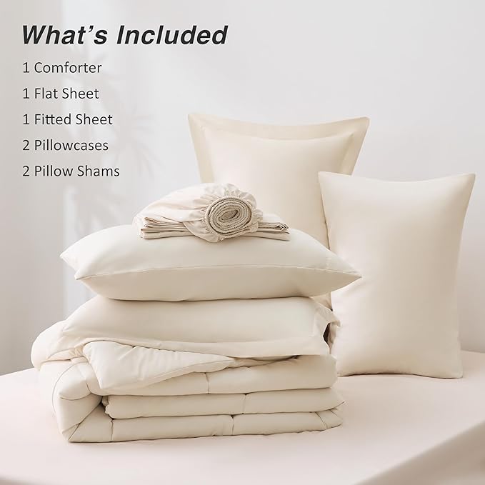 Love's cabin King Size Comforter Set Beige, 7 Pieces King Bed in a Bag, All Season Bedding Sets with 1 Comforter, 1 Flat Sheet, 1 Fitted Sheet, 2 Pillowcase and 2 Pillow Sham