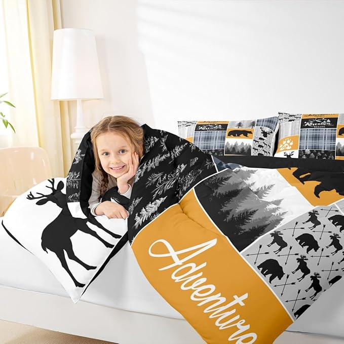 Deer Bear Twin Bedding Sets, Blue And Grey Buffalo Plaid Comforter Set Woodland Animal Wildlife Quilt Hunting Lodge Country Down Comforter Rustic Farmhouse Cabin Bathroom Decor, 1 Pillow Case