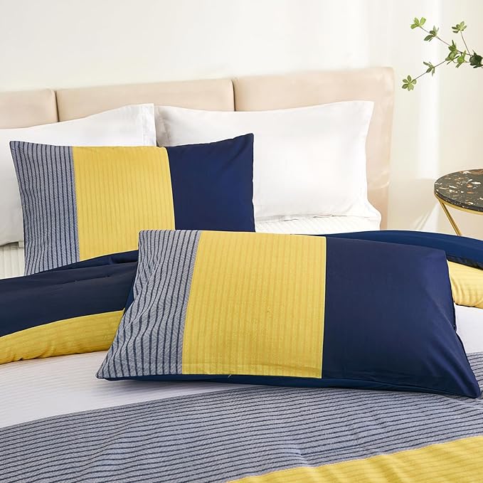 WONGS BEDDING Comforter Set Queen, Reversible Blue Striped Patchwork Down Alternative Comforter for Queen Bed,3 Pieces (1 Comforter+2 Pillowcases), Soft Microfiber Bedding Duvet Insert Set 90"×90"
