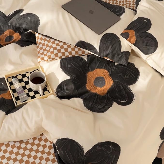 KAREVER Black Floral Comforter Set Girls Black Botanical Bedding Twin Women Boho Chic Blankets Lightweight Black Flower Reversible Bed Comforter Set Twin Size