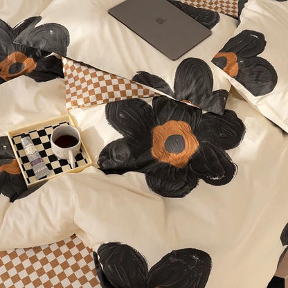 KAREVER Black Floral Comforter Set Girls Black Botanical Bedding Twin Women Boho Chic Blankets Lightweight Black Flower Reversible Bed Comforter Set Twin Size