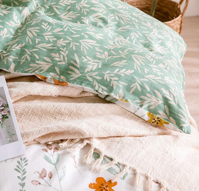 SLEEPBELLA Twin Size Comforter Set Yellow Flowers & Green Botanical Pattern Printed on White 100% Cotton Fabric, Ultra Soft Microfiber Inner Fill 2Pcs Bedding Set