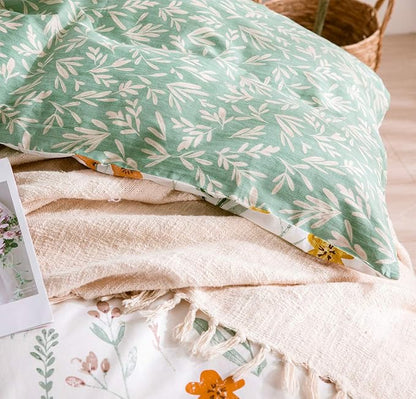 SLEEPBELLA Queen Size Comforter Set Yellow Flowers & Green Botanical Pattern Printed on White 100% Cotton Fabric, Ultra Soft Microfiber Inner Fill 3Pcs Bedding Set