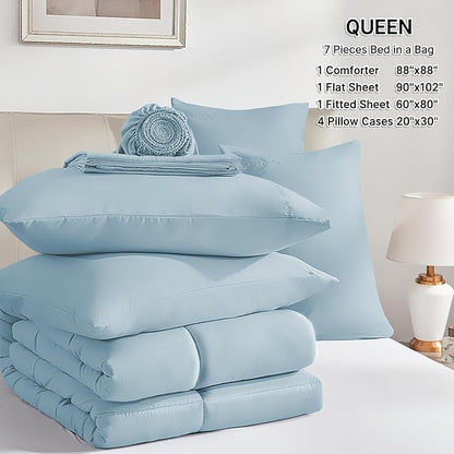 SunStyle Home Light Blue Full/Queen Comforter Set - 7 Pieces Bed in a Bag, Lightweight Goose Down Alternative Bedding Sets with All Season Comforter, 1 Flat Sheet, 1 Fitted Sheet, 4 Pillowcases