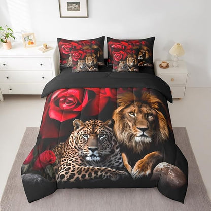 Feelyou Lion Tiger Comforter Set Full Size 7 Pieces Girls Rose Floral Wild Animal Bed in a Bag Kids Romantic Flower Bedding Set Wildlife Bed Set with Comforter, Sheet Set, Pillowcases, Pillow Covers
