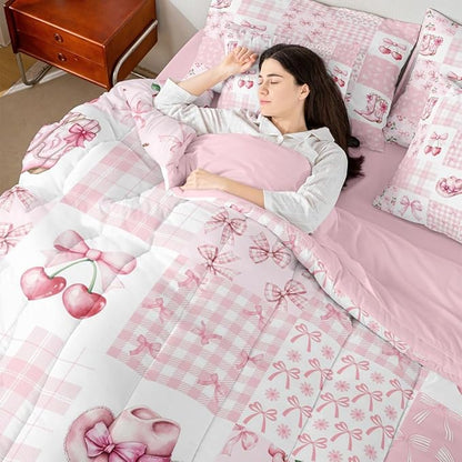 Feelyou Pink Bow Queen Comforter Set with Sheets for Kids Boys Girls Cherry Prints 7 Pieces Bedding Set Cute Bowknot Bed in a Bag Kawaii Room Decor Soft Lightweight Microfiber
