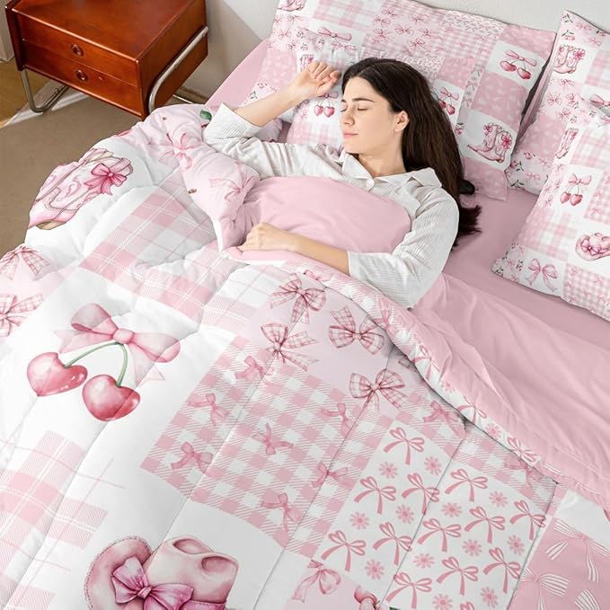 Feelyou Pink Bow King Comforter Set with Sheets for Kids Boys Girls Cherry Prints 7 Pieces Bedding Set Cute Bowknot Bed in a Bag Kawaii Room Decor Soft Lightweight Microfiber