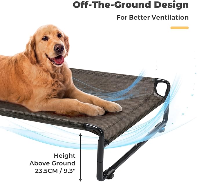 Veehoo Raised Dog Beds for Large Dogs, Washable Dog Cot with Headrest Sides, Outdoor Elevated Dog Bed with Non-Skid Feet, Breathable Mesh, Cooling Pet Hammock for Indoor or Camping, 42", Brown