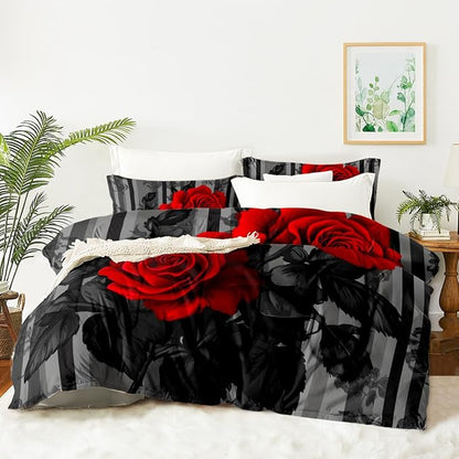 Comforter Set Full Size for Girls Romantic Red Rose Comforter Set Black Floral Bedding Set for Bedroom Decor - 3Piece Soft Fluffy Microfiber with 2 Pillowcases