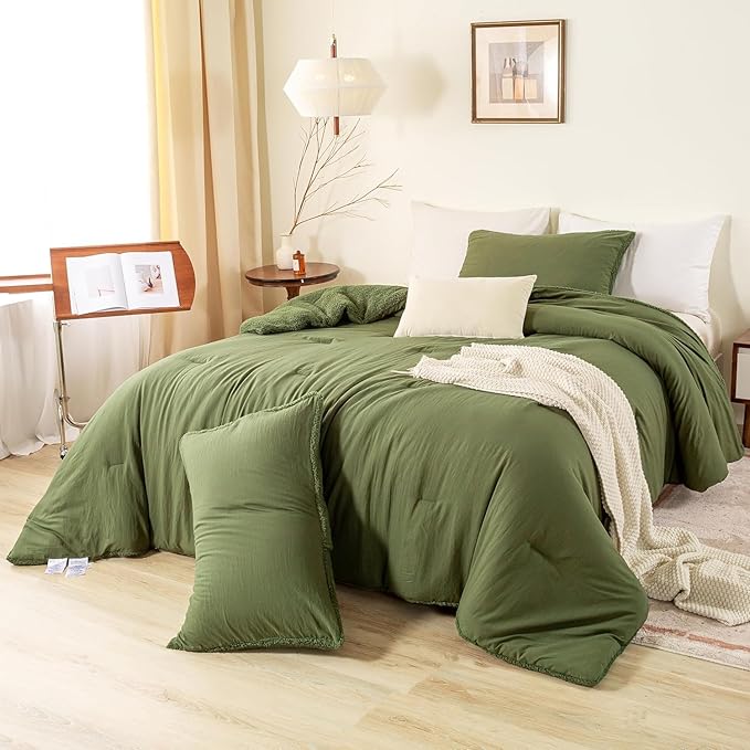 Warm Ultra-Soft Sherpa King Size Down Comforter - Reversible Bedding Down Alternative Blanket Comforter and 2 Pillowshams Plush Comfort Fluffy for Winter Fall (Dark Olive Green Cal/Cal King)