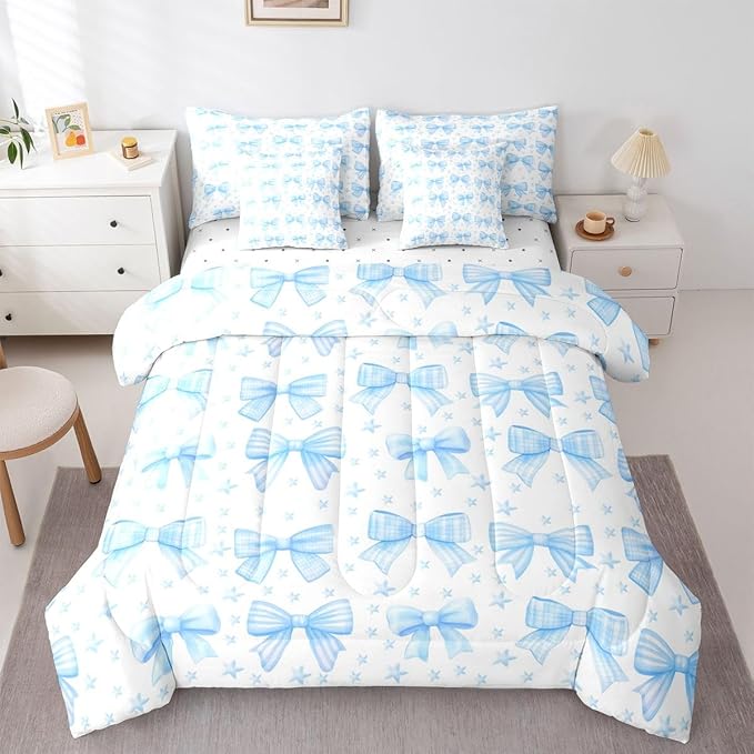 Erosebridal Kawaii Cute Girls Blue Bowknot King 7-Piece Comforter Set | Bow Kids Sheets and Pillowcases Dreamy Bed in A Bag Starry Princess Bed Sets