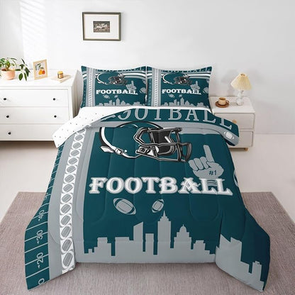Feelyou Football Bedding Set Boys Girls Queen Size Women Men Rugby Sports Comforter Football City Duvet Quilt Green Gray Room Decor