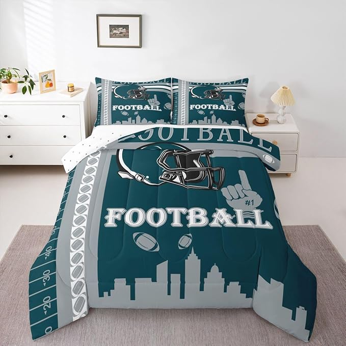 Feelyou Football Bedding Set Boys Girls King Size Sports Theme Women Men Rugby Sports Comforter Football City Duvet Quilt Green Gray Room Decor