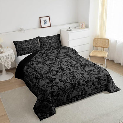Feelyou Adults Gothic Comforter Set Twin Size Dark Olive Green Damask Comforter Skull Bohemia Boho Bedding Set Goth Duvet Set Vintage Victorian Baroque Floral Quilt Set 2Pcs