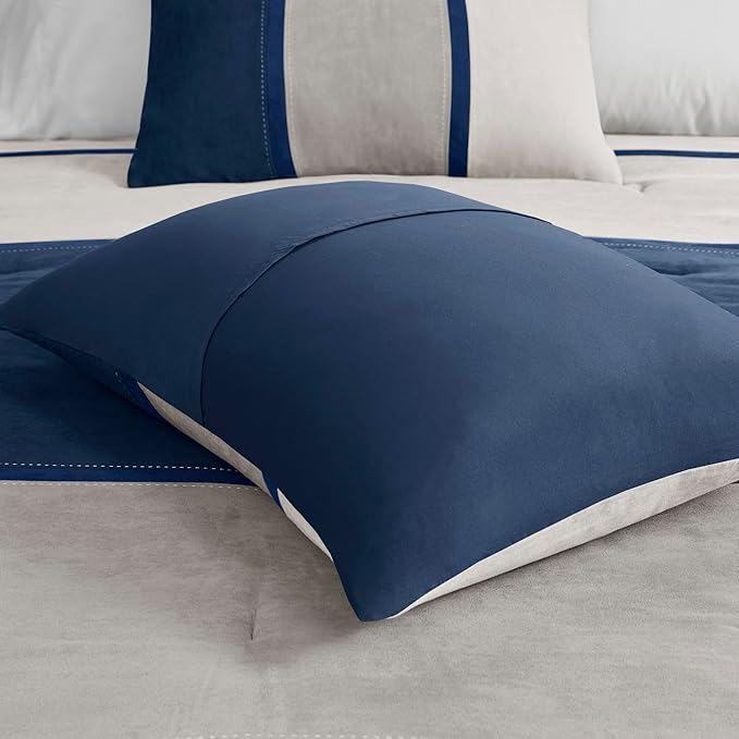 Madison Park Palisades Comforter Set Modern Faux Suede Pieced Stripe Design, All Season Down Alternative Cozy Bedding with Matching Shams, Decorative Pillows, Cal King(104"x92"), Blue 7 Piece