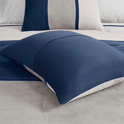 Madison Park Palisades Comforter Set Modern Faux Suede Pieced Stripe Design, All Season Down Alternative Cozy Bedding with Matching Shams, Decorative Pillows, Queen(90"x90"), Multicolor, 7pcs