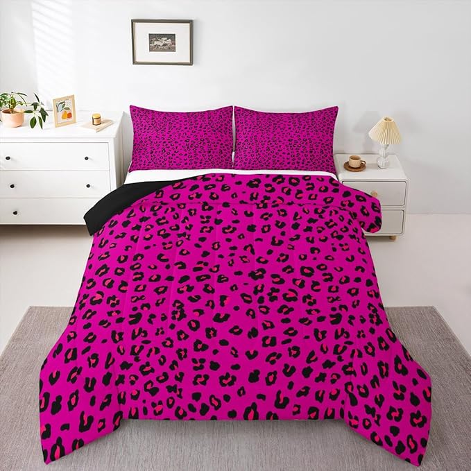 Erosebridal Pink Leopard Print King Comforter Set | Cheetah Wild Animals Bedding Set for Women Room Decor Africa Leopard Comforter Safari Animals Duvet Insert,3 Piece with 2 Pillowcases