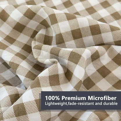 NSNLGSGC Tan Ruffle Gingham Comforter Set Twin, Pre-Washed Ruffled Taupe Plaid Checked Comforter Bedding, 2 Pieces Vintage Farmhouse Grid Bedding Set(Tan Gingham, Twin)