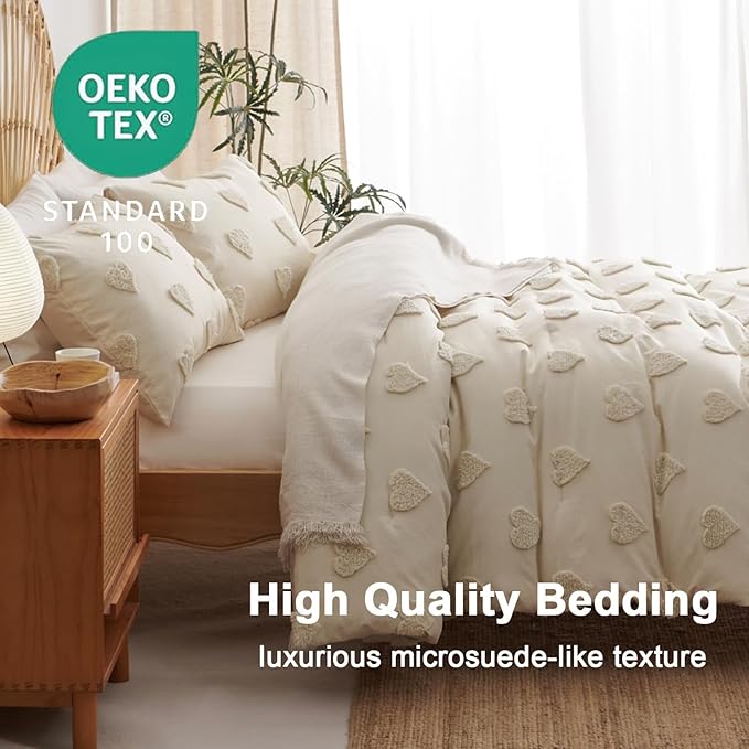 Tufted Comforter Set Queen Size Beige Heart Tufted Comforter Boho Hearts Tufted Bed Set 3 Pieces Shabby Chic Embroidery Soft Jacquard Bedding for All Seasons with 2 Pillowshams