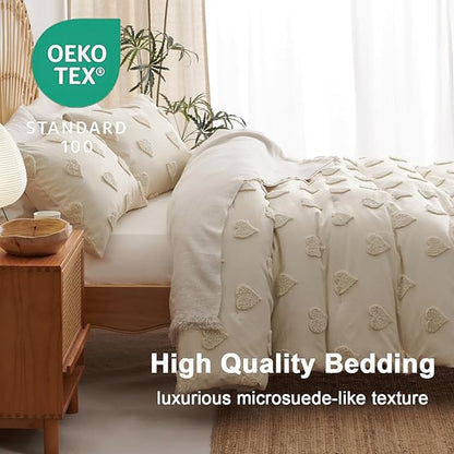 Tufted Comforter Set Full Size Beige Heart Boho Tufted Textured Bedding Set 3 Pieces Shabby Chic Embroidery Bed Set Soft Jacquard Comforter for All Season with 2 Pillowcases