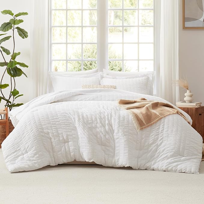 CozyLux Full Size Comforter Sets with Sheets 7 Pieces, White Seersucker Bed in a Bag Textured Luxury Soft Bedding Set with Down Alternative Comforter, Sheets, Pillowcases & Shams for All Seasons