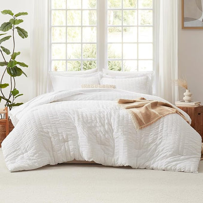 CozyLux Oversized King Comforter Set White Seersucker 7 Pieces 120x98 Bed in a Bag Comforter Set with Sheets, Luxury Soft Bedding Sets with Down Alternative Comforter, Sheets, Pillowcases & Shams
