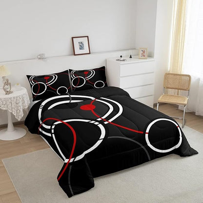Erosebridal Modern Comforter Full Abstract Bedding Set for Kids Teen, Black and White Down Comforter Stripe Bed Set, Geometric Circle Quilted Duvet Microfiber Lightweight Decorations 3 Pieces