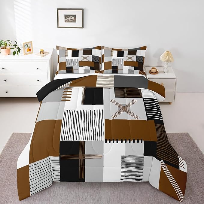 Erosebridal Brown Grey King Comforter Set for Boys Men Black White Abstract Bedding Set for Kids Adults Geometric Square Quilt Grids Checkered Duvet Insert Modern Fashion Room Decor 3 Pcs
