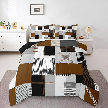 Erosebridal Brown Grey King Comforter Set for Boys Men Black White Abstract Bedding Set for Kids Adults Geometric Square Quilt Grids Checkered Duvet Insert Modern Fashion Room Decor 3 Pcs