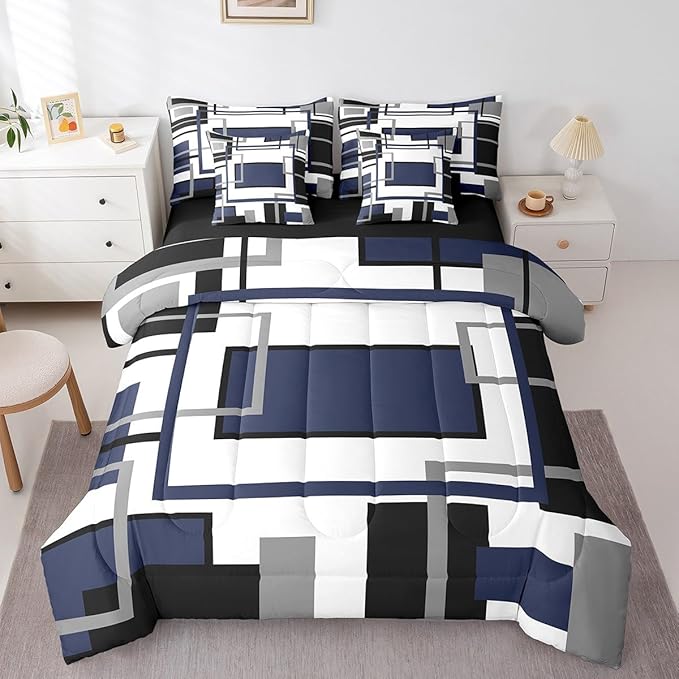 Erosebridal 7Pcs Navy Blue Black Comforter Set Twin,Geometric Bed in A Bag for Women Men,Minimalist Modern Striped Square Bedding with Bed Sheets,Vintage Boho Art Stripes Quilt Set with Pillowcases