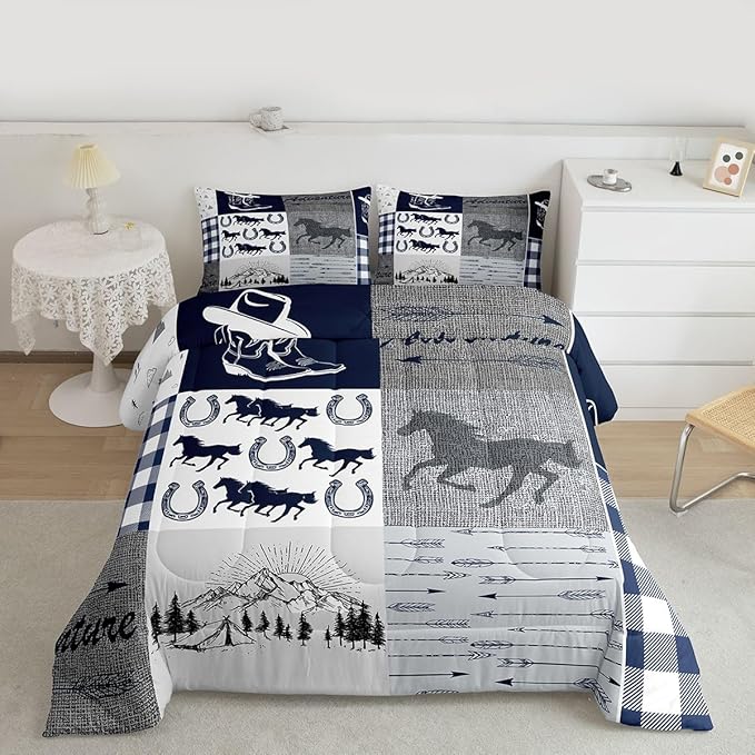 Erosebridal Western Horse Bedding Set Twin, Southwestern Horseshoe Comforter Set for Boys Teens Adult Bedroom Decor, Vintage Riding Boots Quilt Rustic Adventure Duvet Insert with 1 Pillow Case