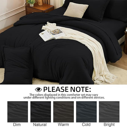 FUANNA Queen Comforter Set Black, 7 Pieces Soft Bedding Sets Queen Size, All Season Lightweight Bed in a Bag with Comforter, Flat Sheet, Fitted Sheet, Pillowcases & Shams