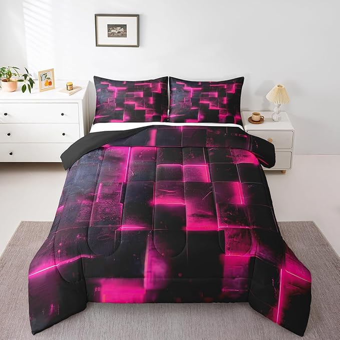 3D Geometric Bedding Set Twin Abstract Aesthetic Twin Comforter, Black and Hot Pink Duvet Insert Glowing Futuristic Cubes Quilt Comforter, Neon Grid Bedding Comforters & Sets 2pcs (Black Reversible)