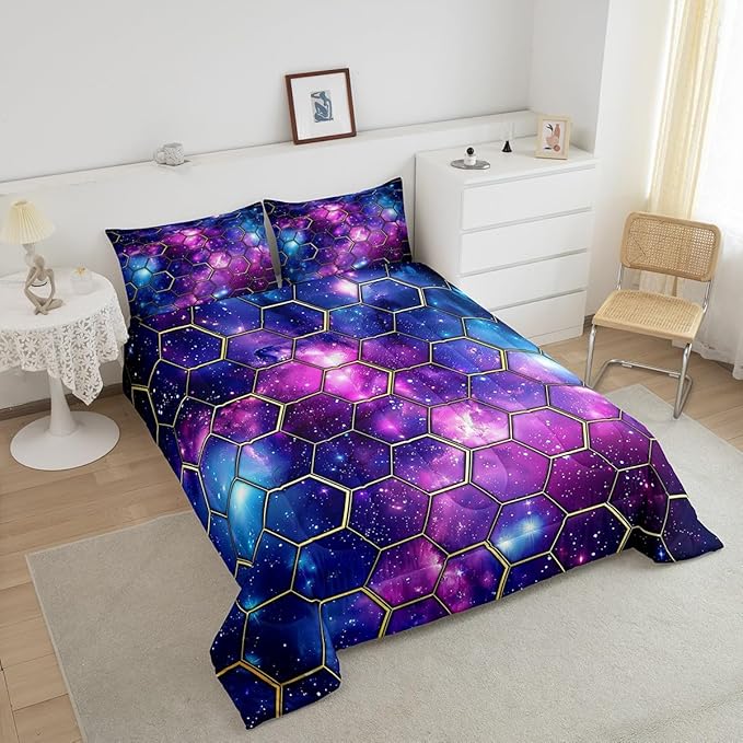 Manfei Blue Purple Galaxy Comforter Set Twin Size, Geometric Hexagon Print Bedding Set 2pcs, Yellow Honeycomb Space Down Comforter for All Season, Kids Boys Girls Room Decor, 1 Pillowcase